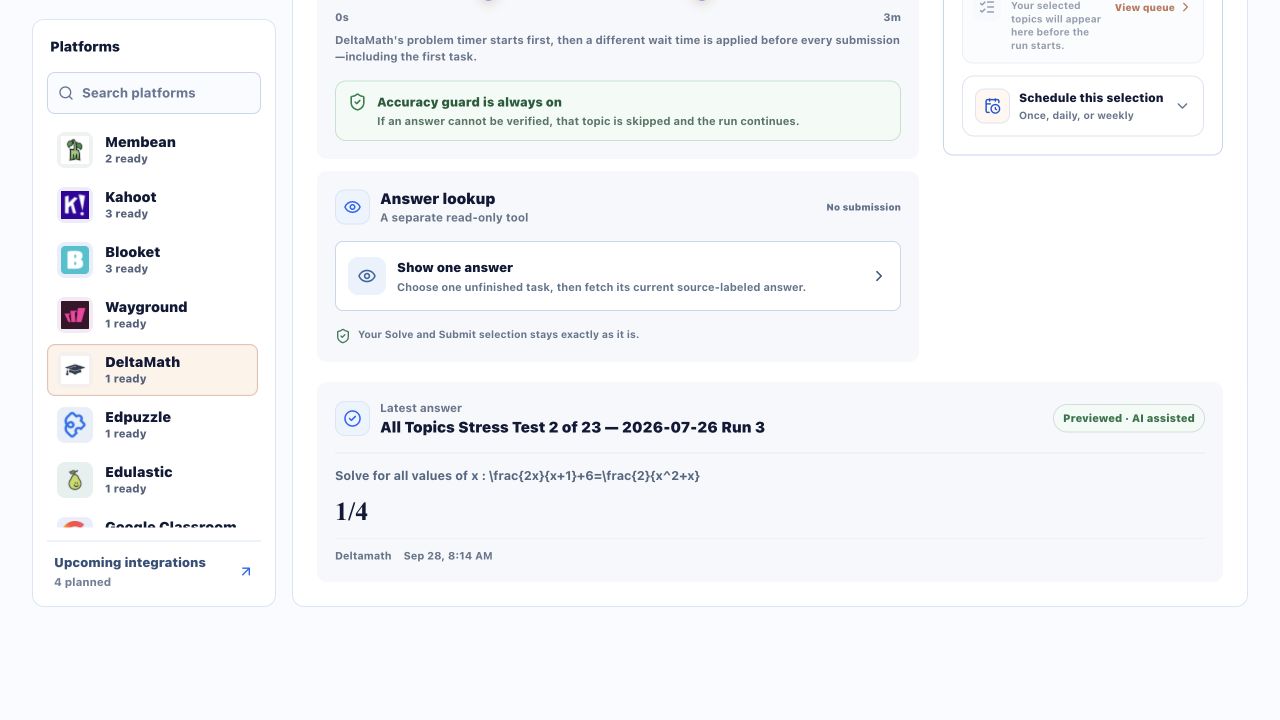 DeltaMath dashboard showing an AI-assisted answer preview of 1/4 without submitting work.