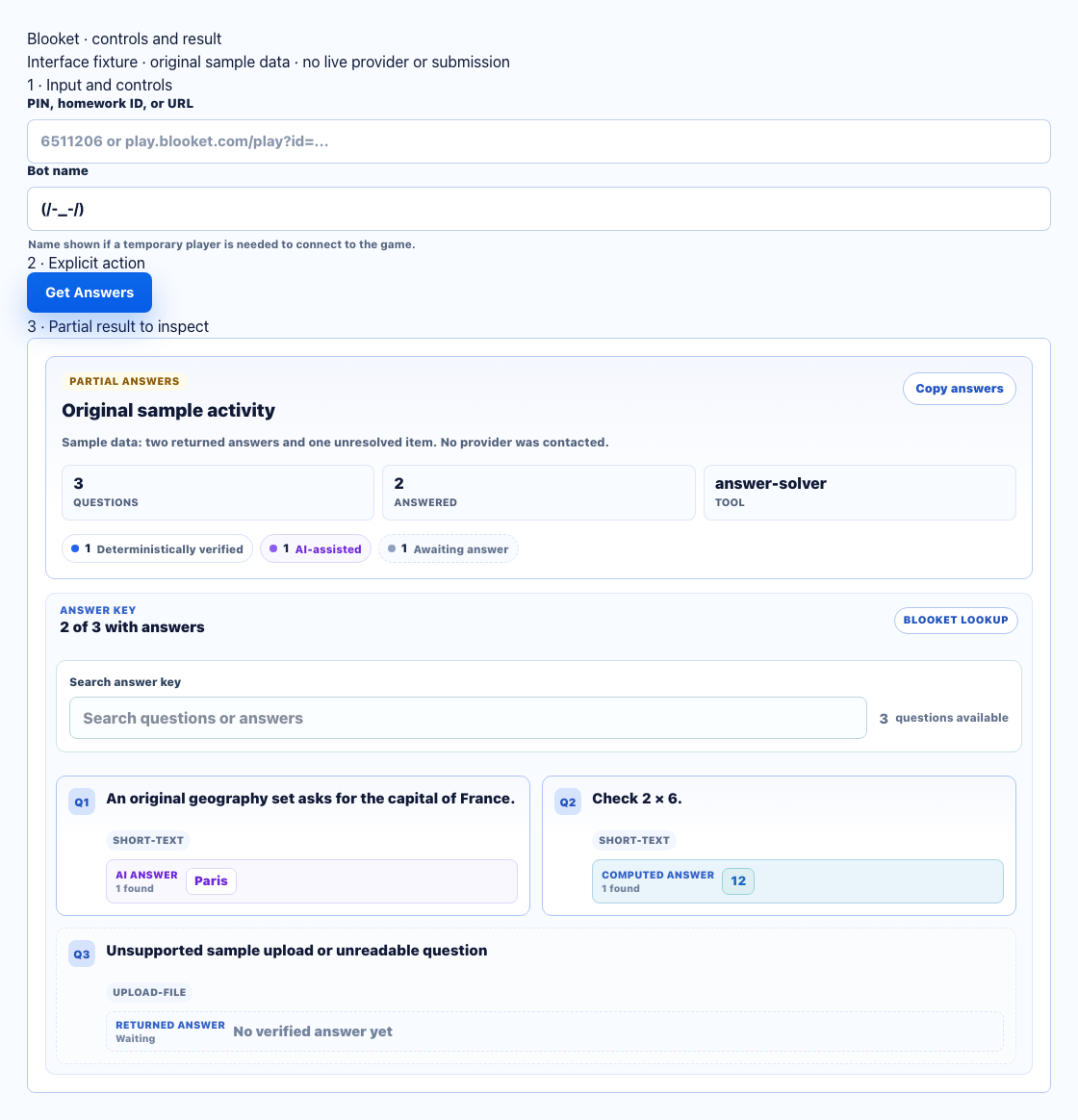 blooket actual dashboard controls and result components with numbered input, action and partial-result annotations