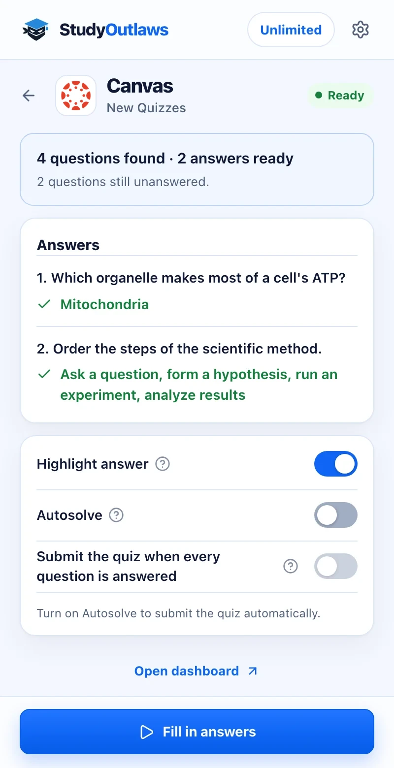 The StudyOutlaws extension side panel on a Canvas New Quizzes quiz with two answers ready