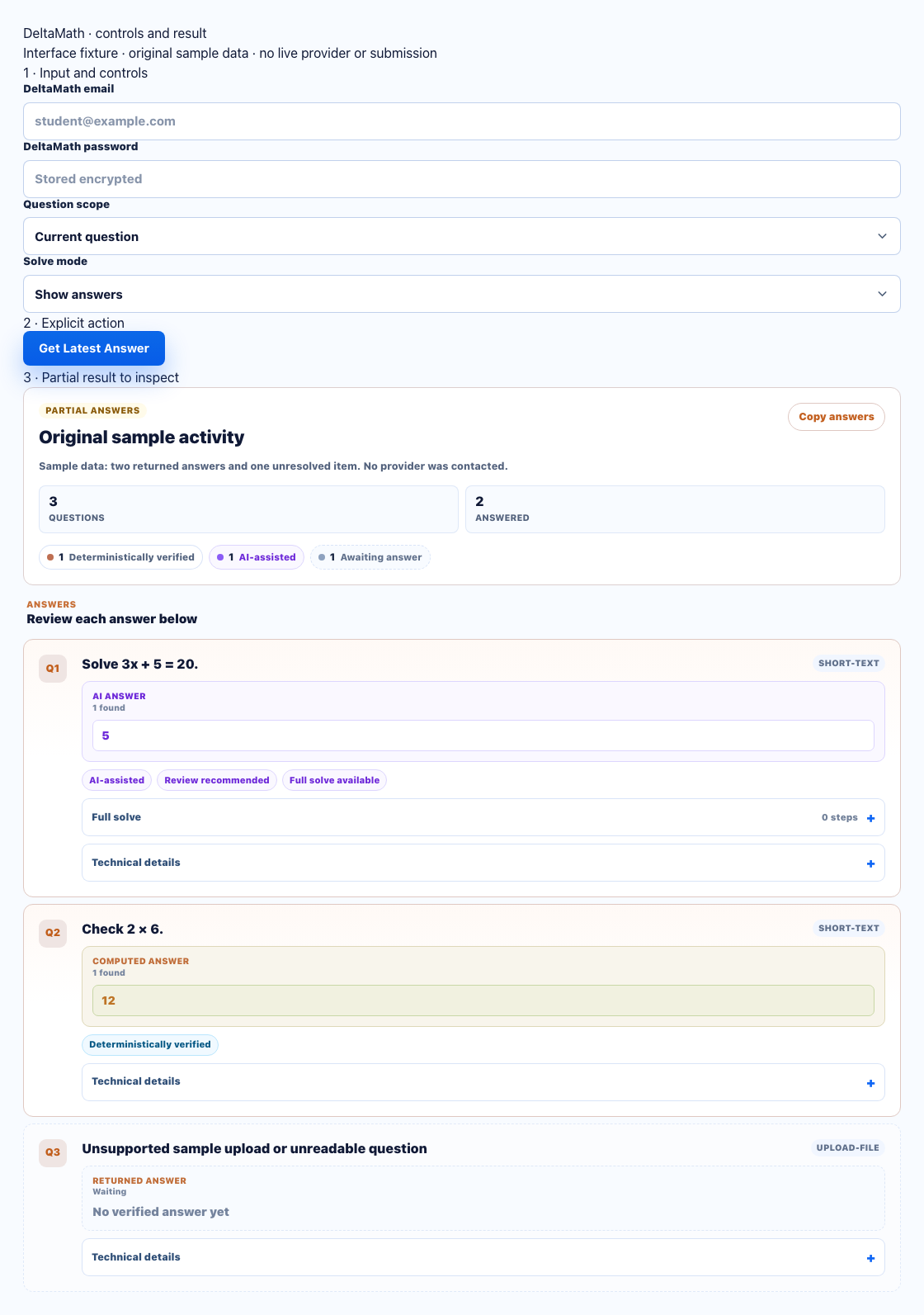 deltamath actual dashboard controls and result components with numbered input, action and partial-result annotations