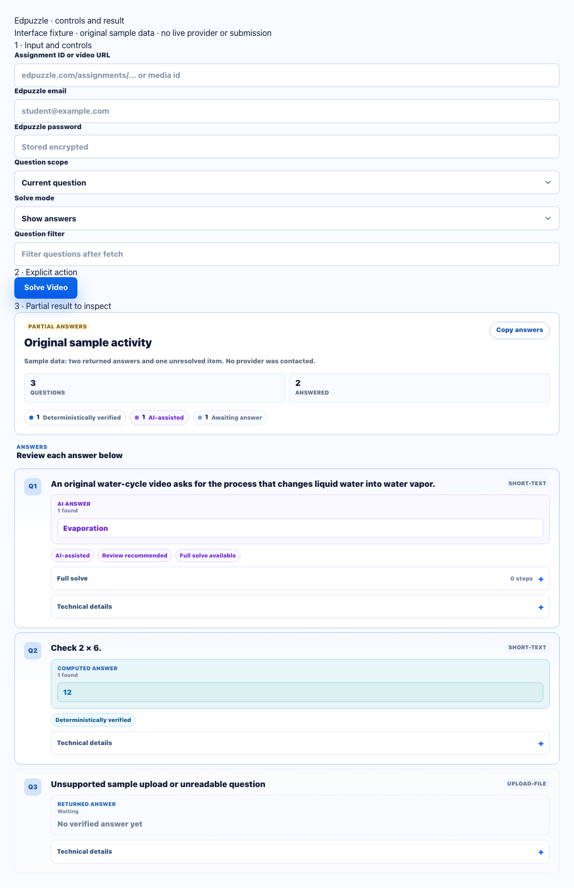 edpuzzle actual dashboard controls and result components with numbered input, action and partial-result annotations
