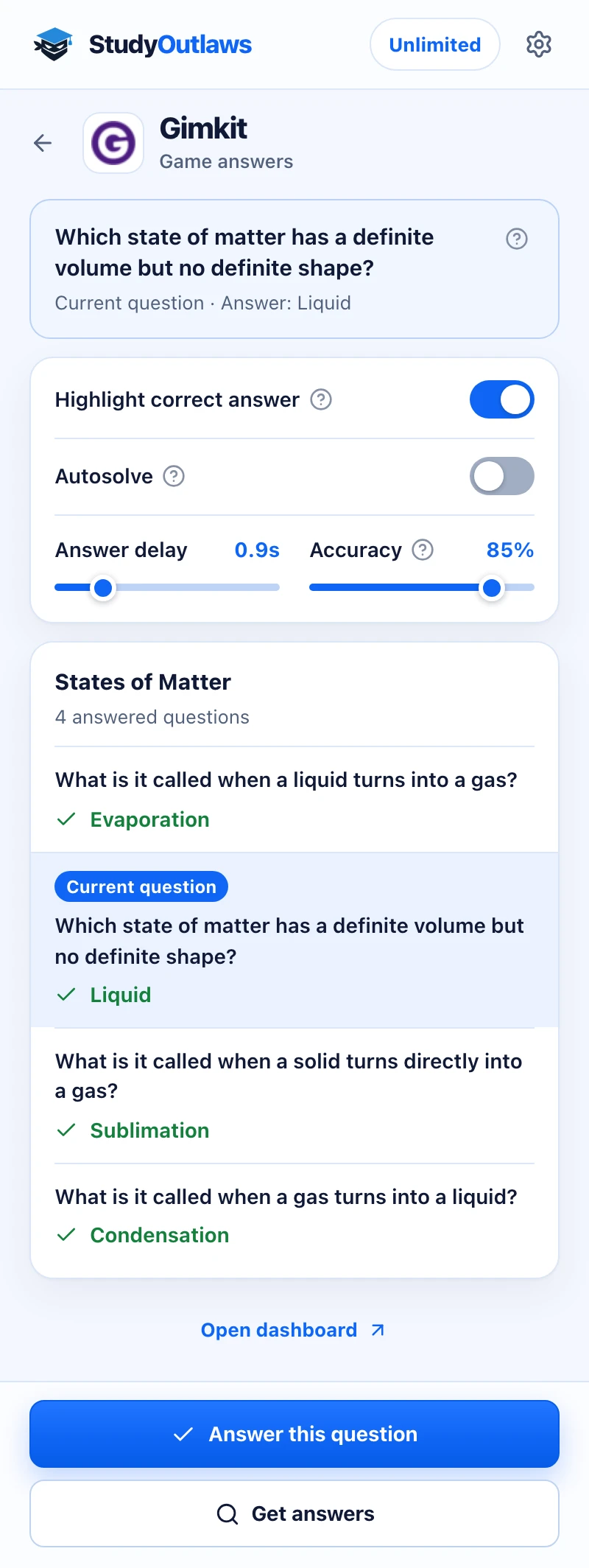 The StudyOutlaws extension side panel on Gimkit with the game's answers loaded and the current question marked