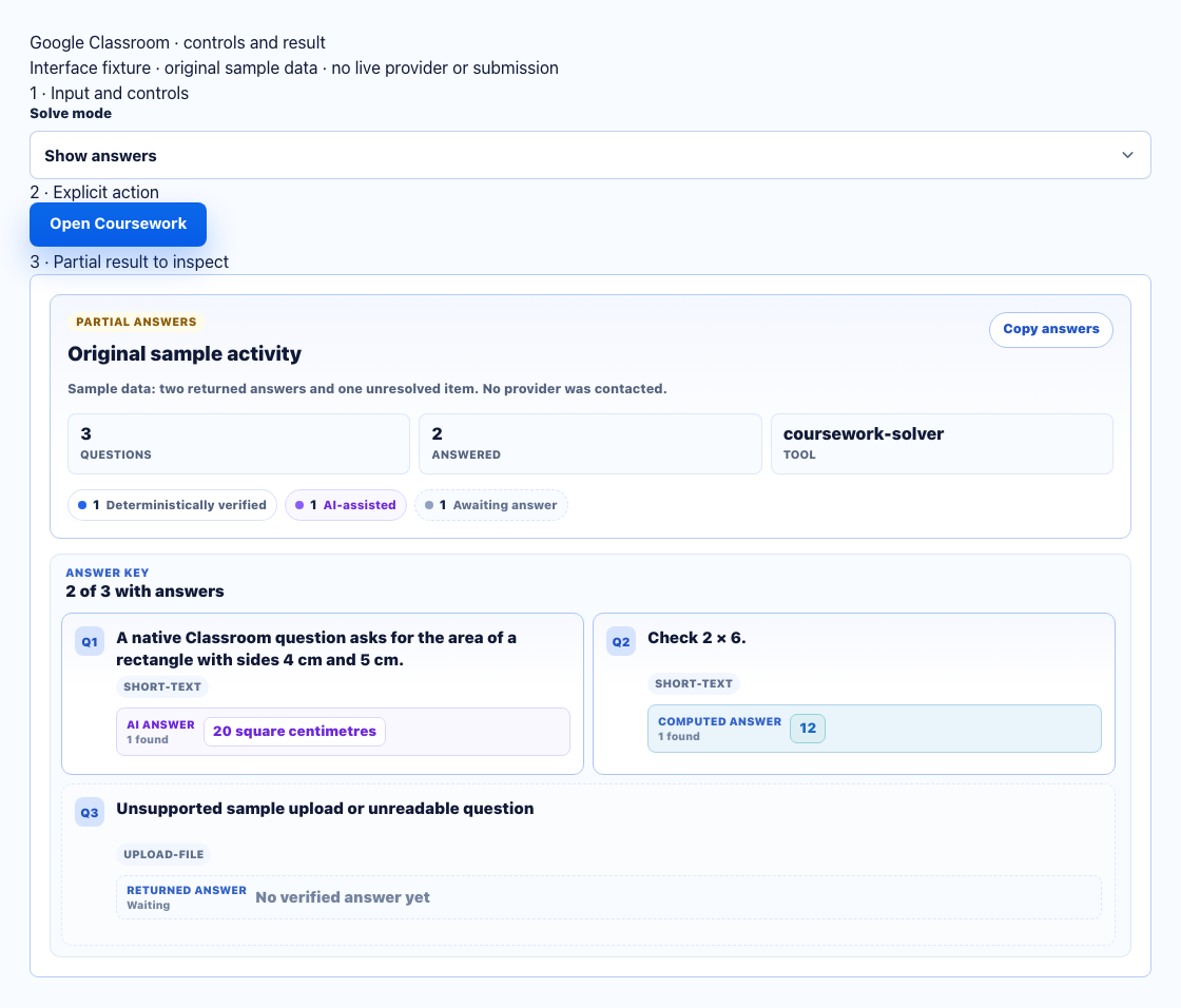 google-classroom actual dashboard controls and result components with numbered input, action and partial-result annotations