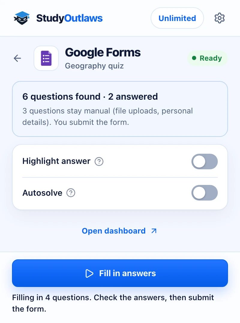 The StudyOutlaws extension side panel on a Google Forms quiz with questions found and answers being filled in