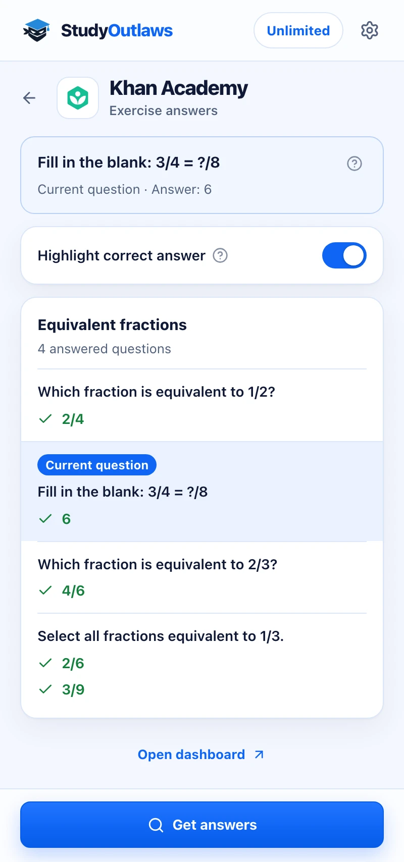 The StudyOutlaws extension side panel on Khan Academy with the exercise's answers and the current question marked