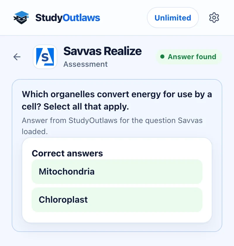 The StudyOutlaws extension side panel on a Savvas Realize assessment question with its two correct answers