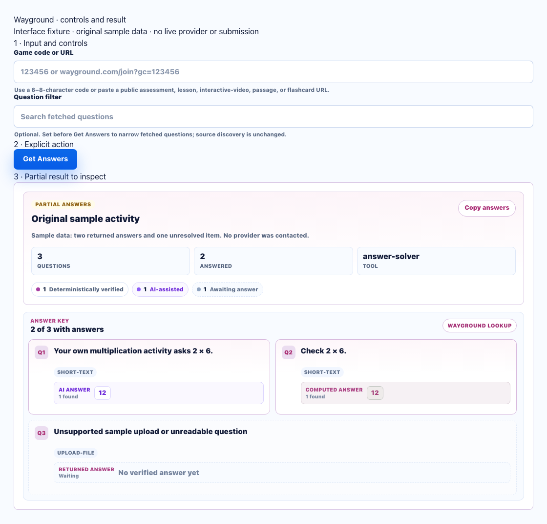 wayground actual dashboard controls and result components with numbered input, action and partial-result annotations