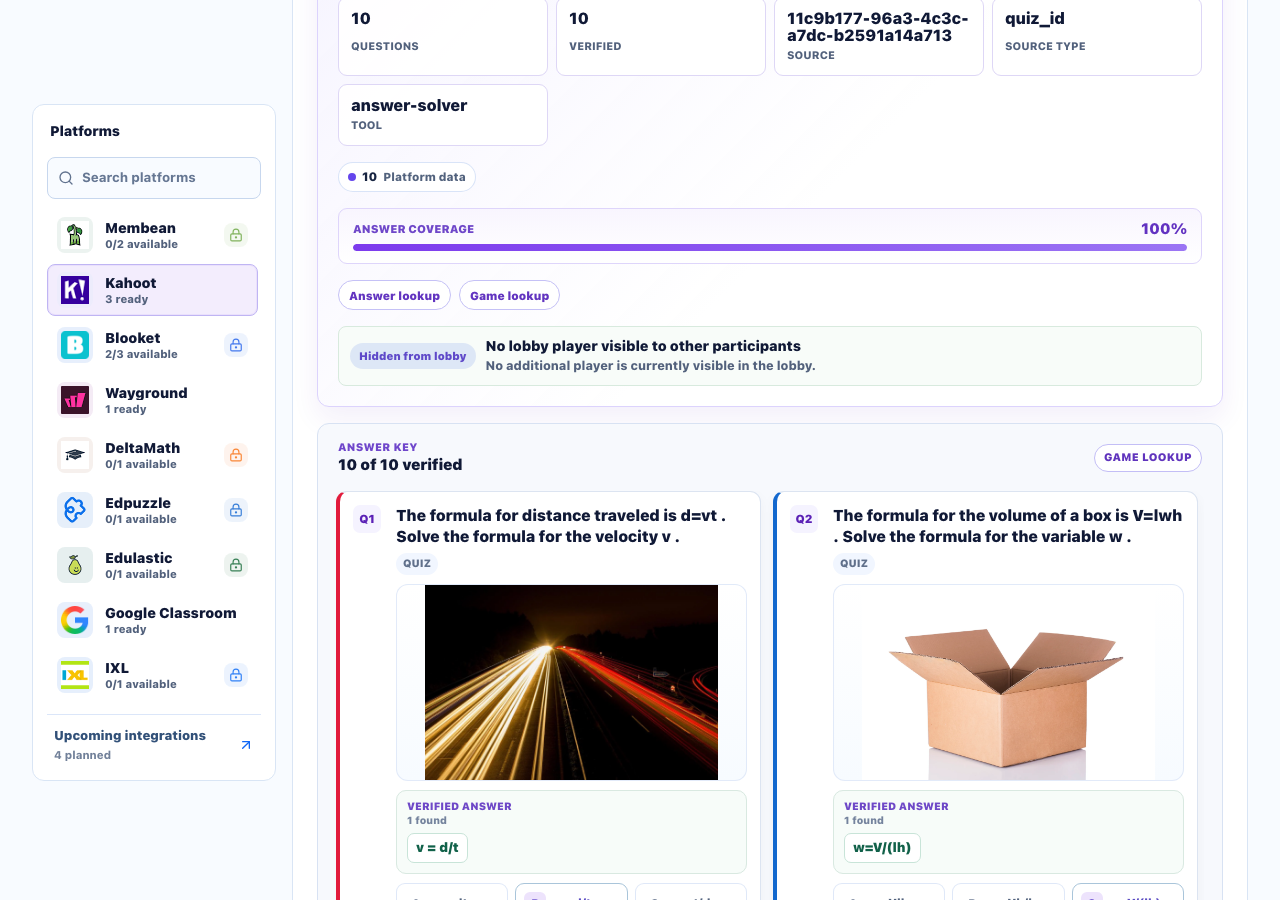 Kahoot dashboard lookup with 10 returned questions and 10 verified answers.